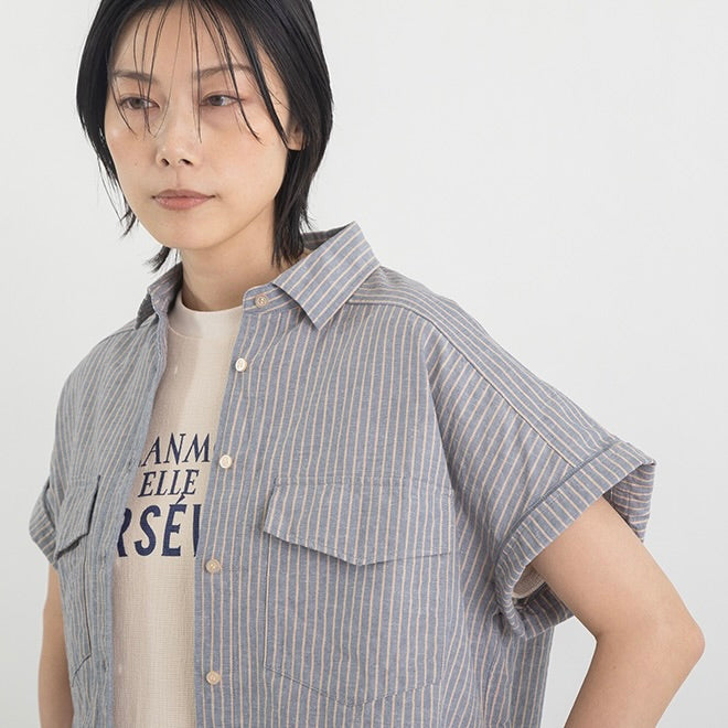 綿麻ストライプショートシャツ(フレンチスリーブ)【BB62-134】