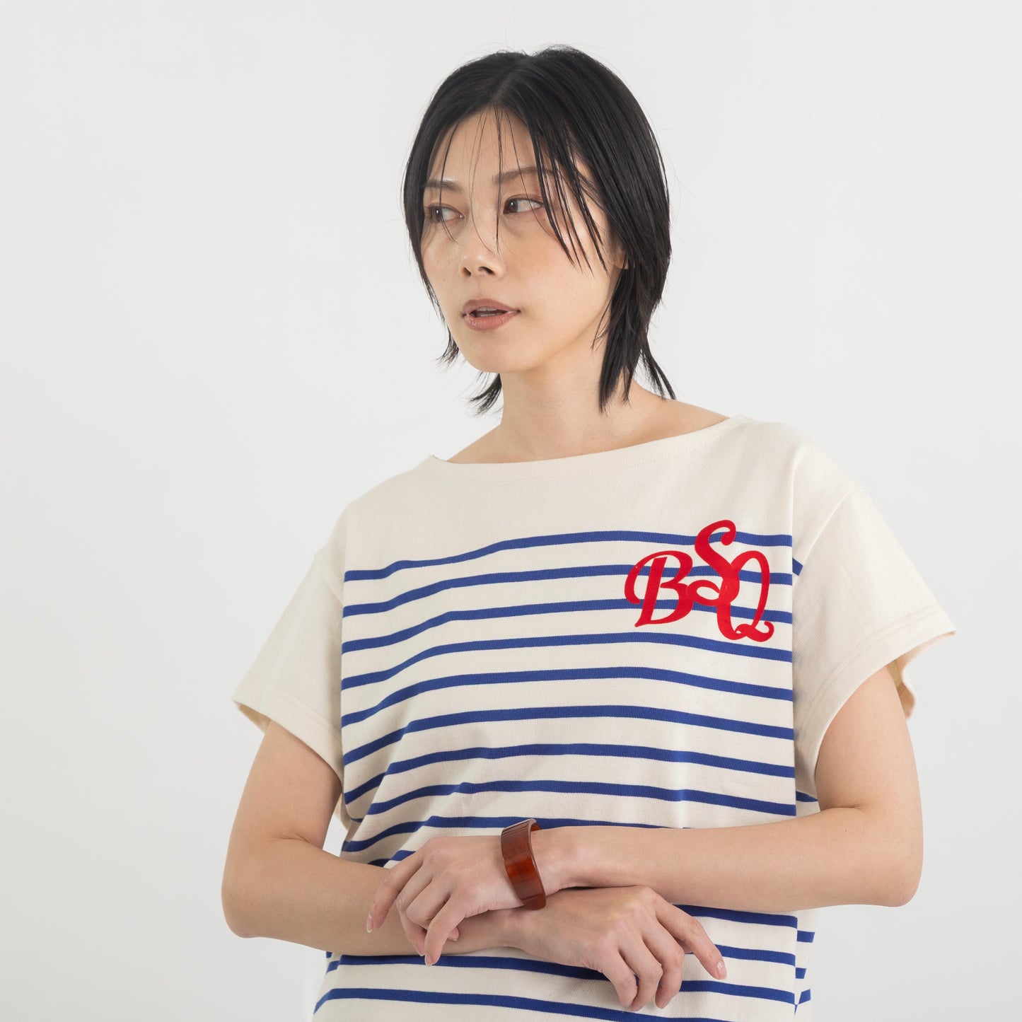 ロゴフロッキープリント ボーダーフレンチスリーブカットソー