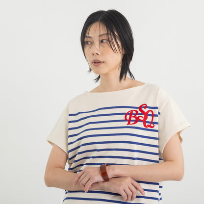 ロゴフロッキープリント ボーダーフレンチスリーブカットソー