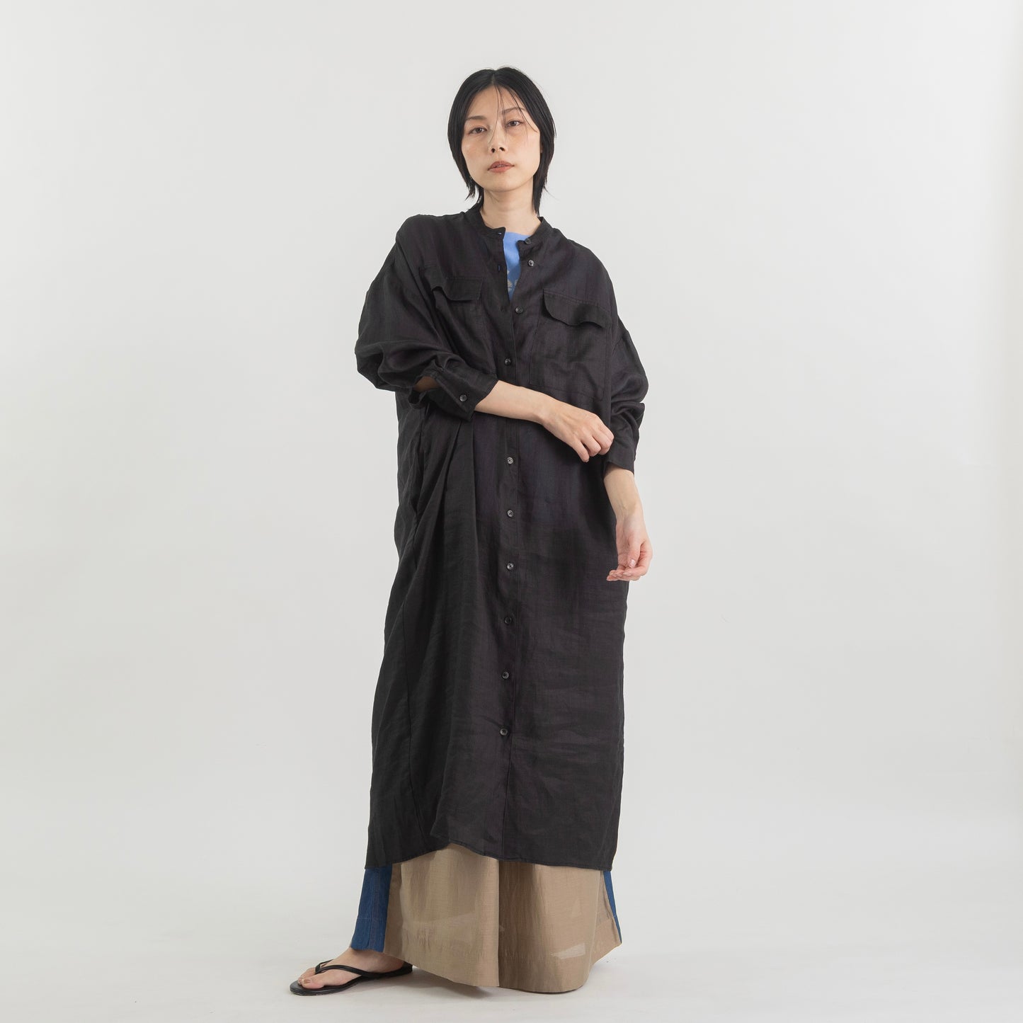スタンドカラー ラミー ロングシャツワンピース