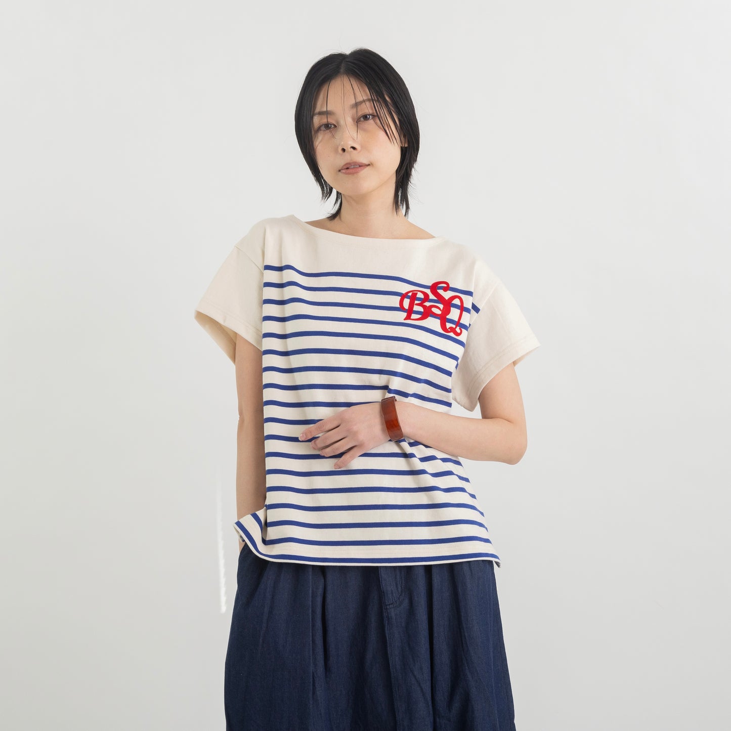 ロゴフロッキープリント ボーダーフレンチスリーブカットソー