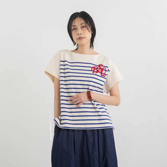 ロゴフロッキープリント ボーダーフレンチスリーブカットソー