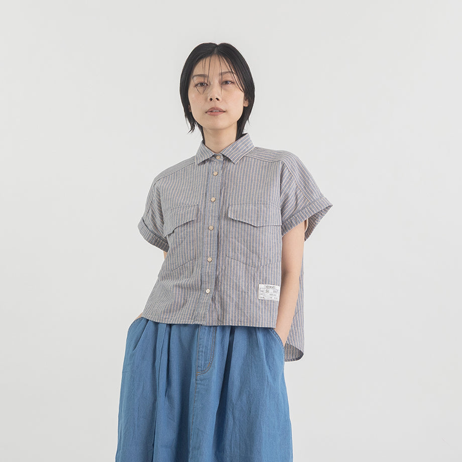綿麻ストライプショートシャツ(フレンチスリーブ)【BB62-134】