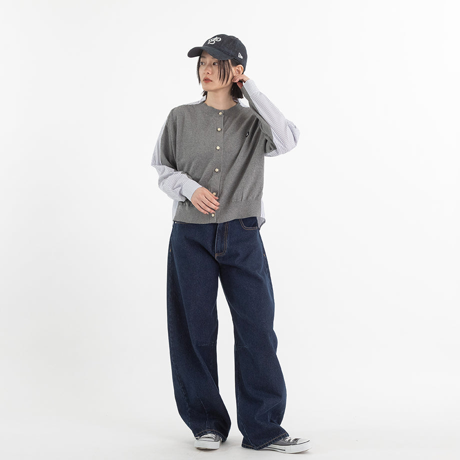 ニット×ストライプシャツ カーディガン