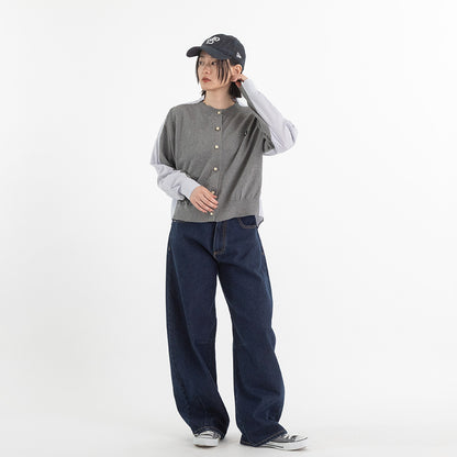 ニット×ストライプシャツ カーディガン