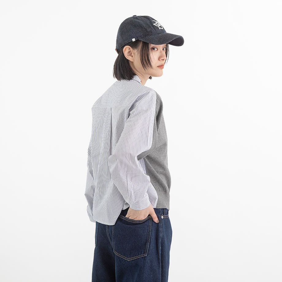 ニット×ストライプシャツ カーディガン