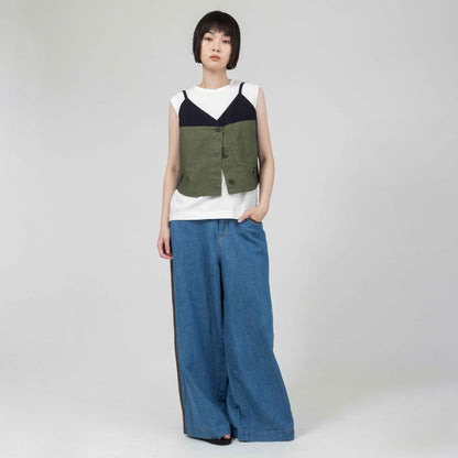 配色ラインデザインデニムワイドパンツ【BB61-303】